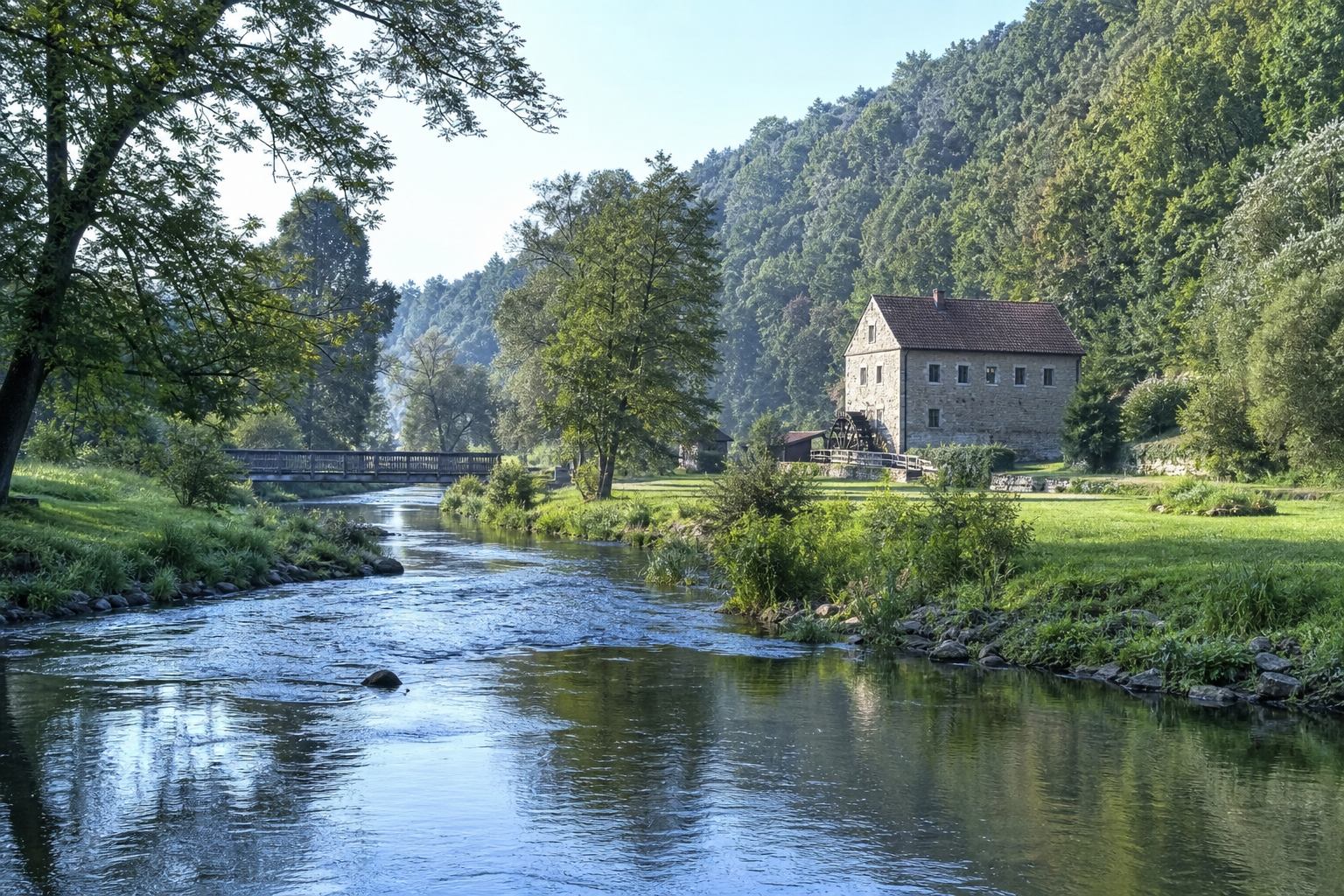 Wiesenttal mit Flussbiegung und grünen Hängen